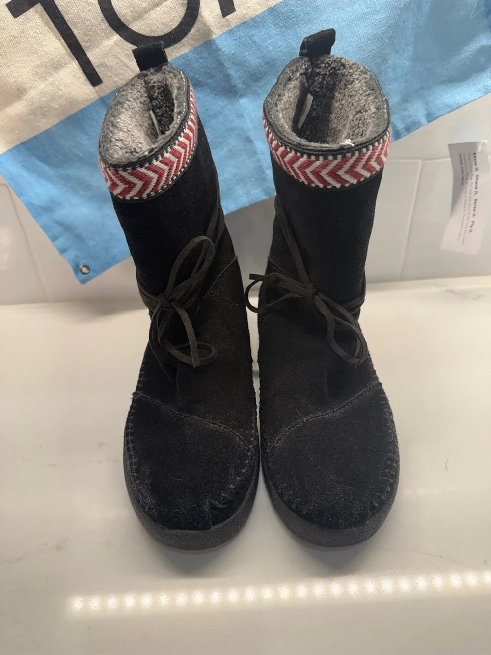 Toms Kids Black Suede Booties with Red Chevron Trim